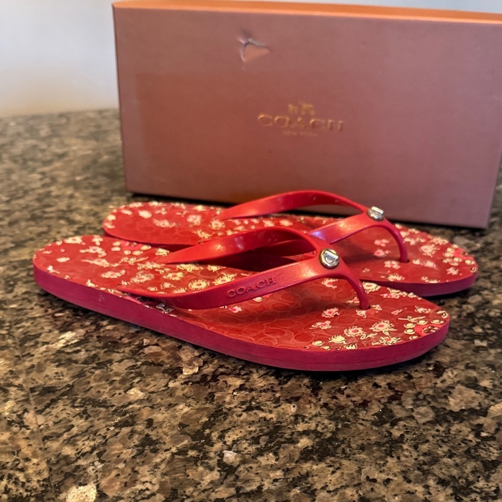 Coach Red Floral Logo Thong Sandals with Gem Accent